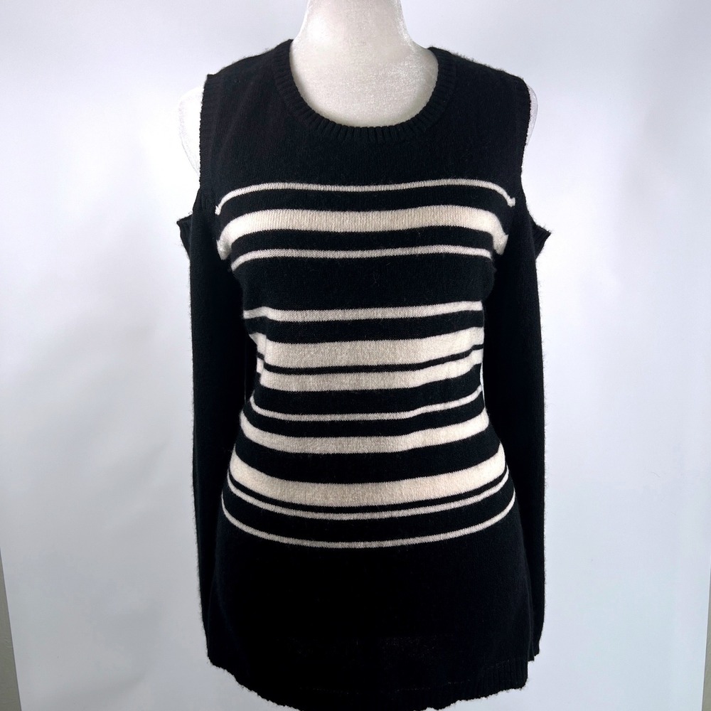 27 Miles Malibu 100% Cashmere Cold Shoulder Striped Sweater Black White Size Med